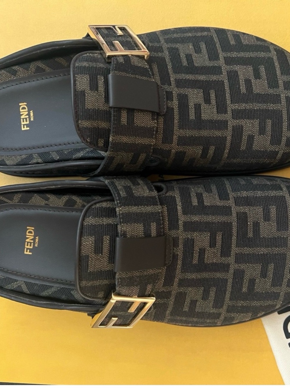 Fendi Black and Brown FF Logo Buckle Slip-On Loafers